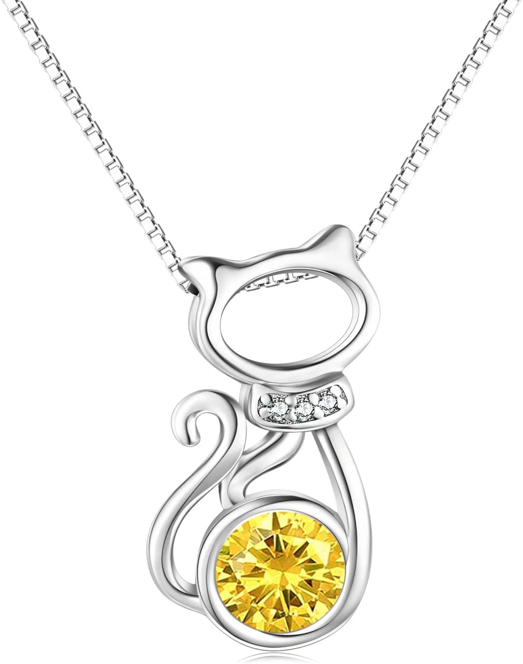 AOBOCO Sterling Silver Cat Pendant Necklace with Birthstone CrystalDainty Jewelry Gifts for Cat Lovers