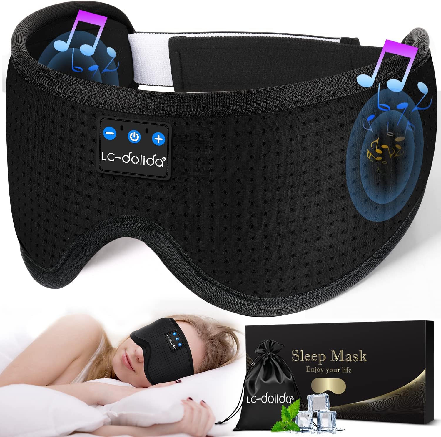 LC-dolida Sleep Headphones, Silk Sleep Mask Bluetooth Wireless Music Eye Mask, Sleeping Headphones for Side Sleepers Sleep Mask with Bluetooth Headphones Ultra-Thin Stereo Speaker Perfect for Sleeping