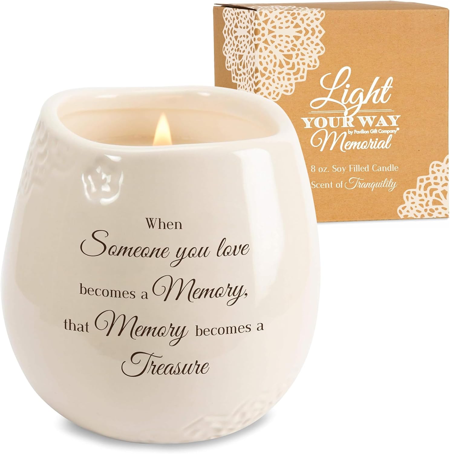 Pavilion - 8 Oz Candle Holder - Cream Beige Ceramic Candle Vessel with 100% Soy Wax, Tranquility Scent When Someone You Love Becomes A Memory Remembrance Gift - Printed Text, Love Theme, Round Shape