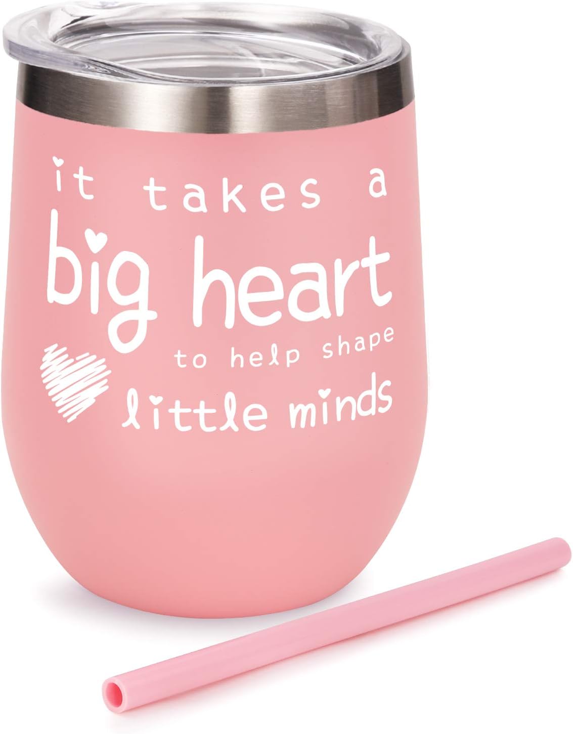 AOZITA Teacher Appreciation Gifts For Women Wine Tumbler - It Takes a Big Heart to Help Shape Little Minds - Teacher Gifts from Student - Pink, 12 oz