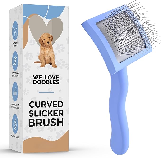 We Love Doodles Dog Slicker Brush for Grooming Pet Hair - Best Brushes For Poodle & Golden Doodle - Long Haired Brush For Dogs - Goldendoodle Long Pin Brush For Dematting (Small Curved)