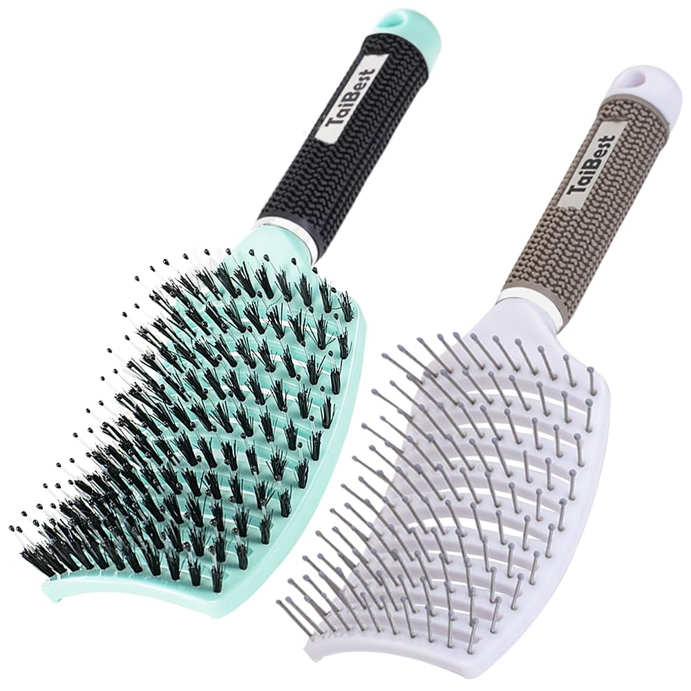 Boar Bristle Hair Brush Set - Dry/Wet Hair Brush Detangler for Fine, Thick, Curly Hair - Curved and Vented Hair Brush for Women, Men or Kids