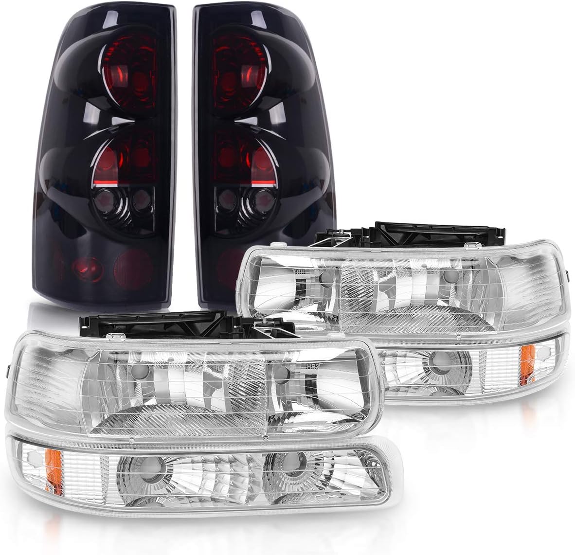 DWVO Headlight Assembly and Taillights Combo Set Compatible with 1999-2002 Chevrolet Silverado 1500/2500 2001-2002 Chevrolet Silverado 1500HD/2500HD/3500, Chrome Housing Headlamps Replacement