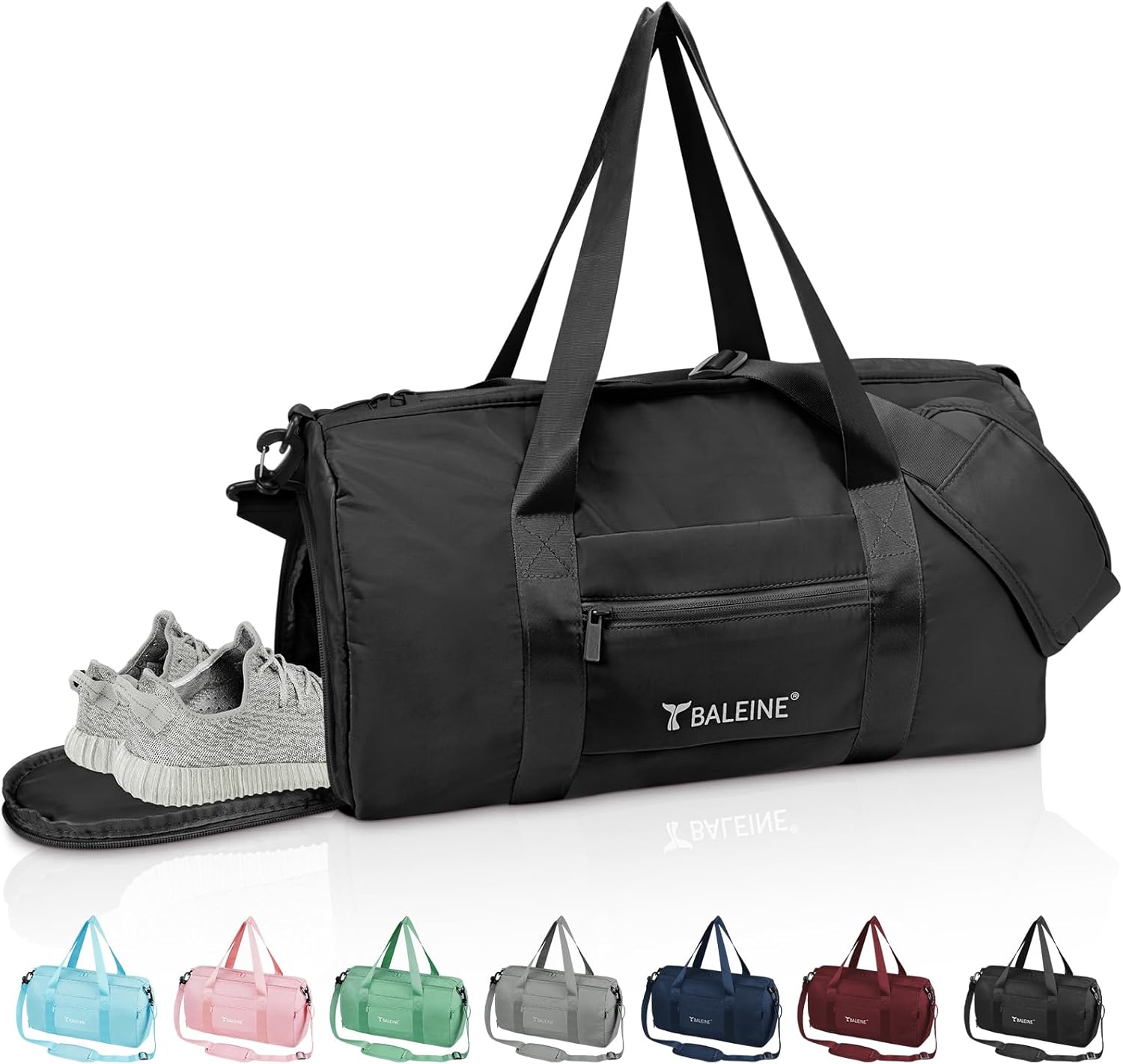 BALEINE Gym Bag for Women and Men, Duffel Bag for Sports, Gyms and Weekend Getaway, Waterproof Dufflebag with Shoe and Wet Clothes Compartments, Lightweight Carryon Gymbag (Black)