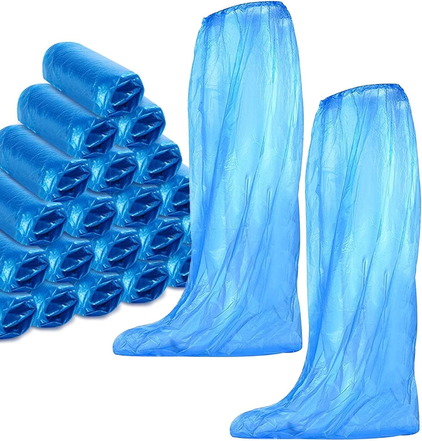 Disposable Shoe Covers 60 Pack (30 Pairs) Blue Rain Shoes and Boots Cover Plastic Long Shoe Cover Clear Waterproof Anti-Slip Overshoe for Women Men Water Boots Cover Rainy Day Use Cover