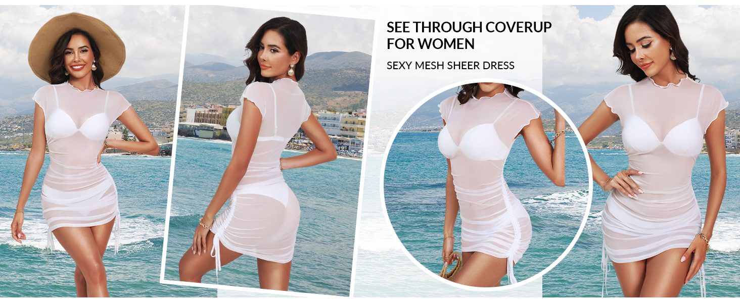 Pinup Fashion Women' Swimsuit Cover Up Sexy Sheer Dress Mesh Swimwear Coverups