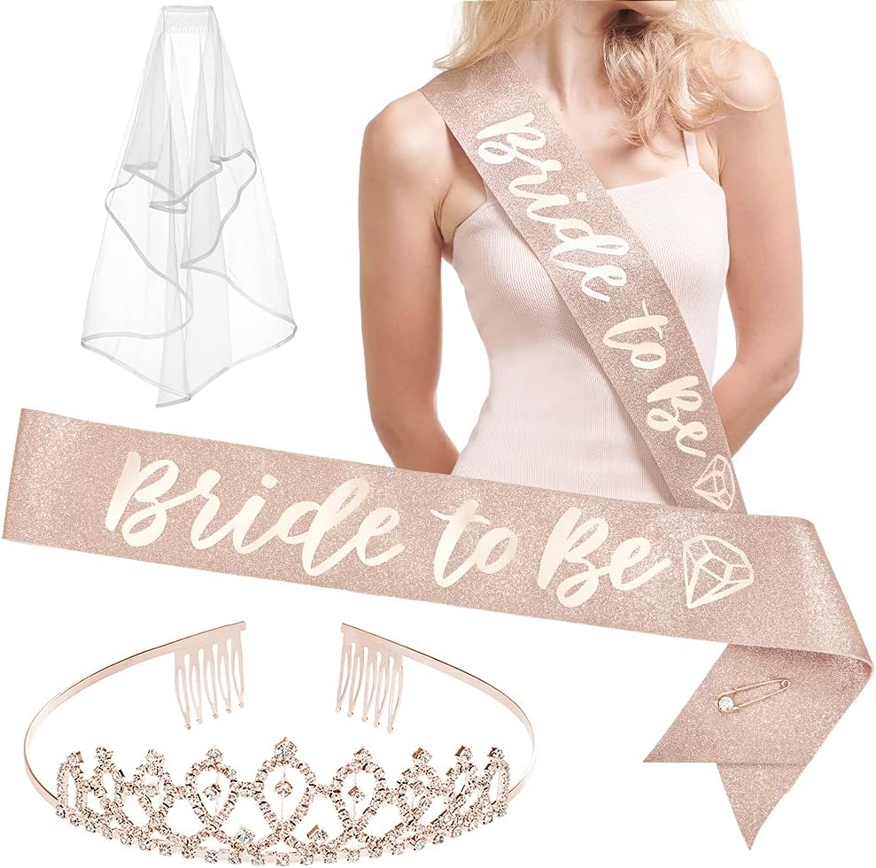 xo, Fetti Bachelorette Party Decorations Rose Gold Glitter Kit - Bridal Shower Supplies | Bride to Be Sash, Tiara, Veil + Bride Tribe Tattoos