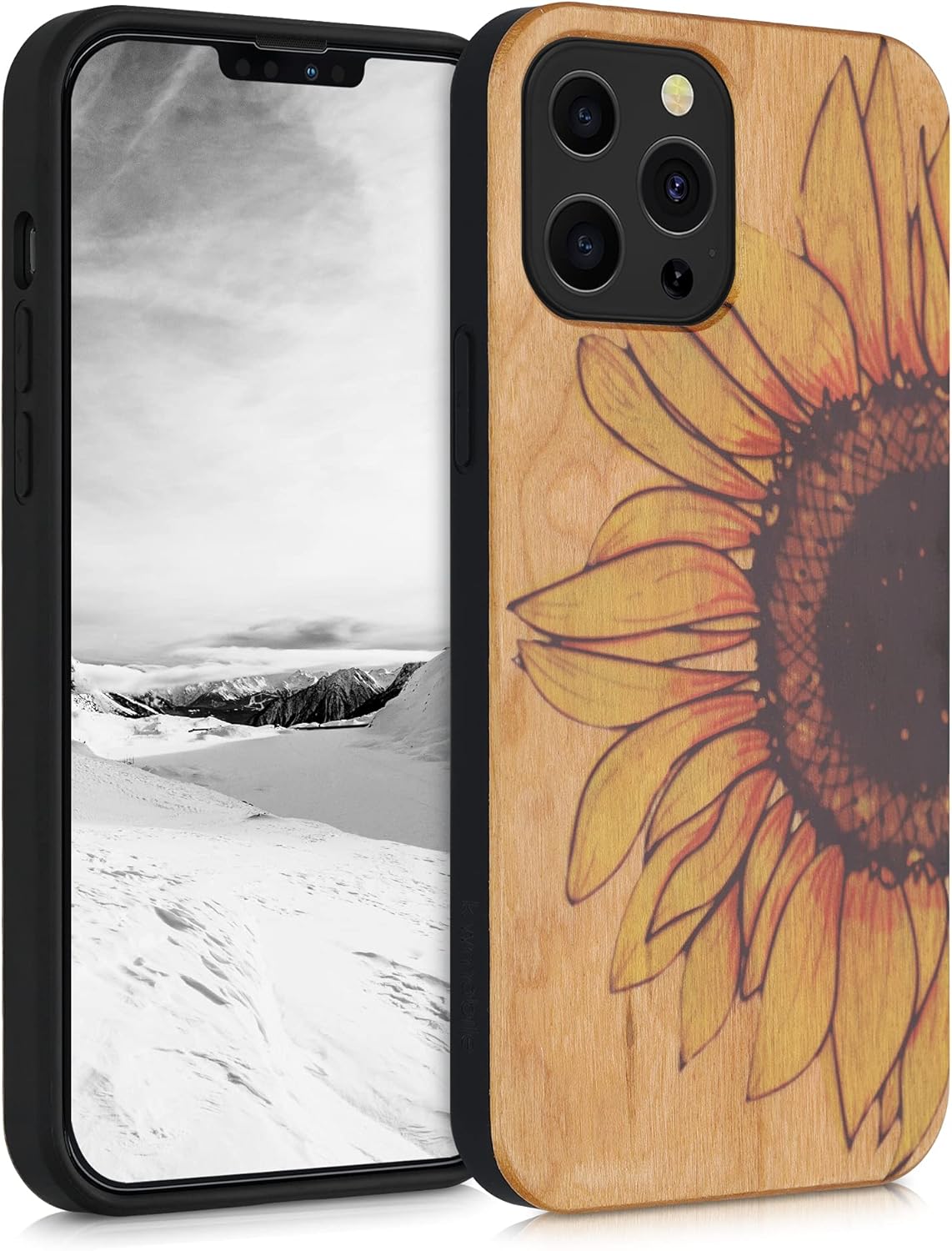 kwmobile Wood Case Compatible with Apple iPhone 13 Pro Max Case - Cover - Wood Sunflower Yellow/Dark Brown/Light Brown