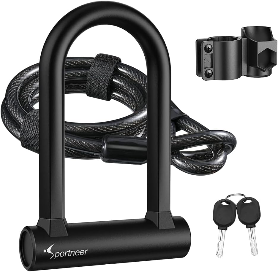 Sportneer Bike Lock: Heavy Duty Anti Theft Bike U Lock with 5ft Security Steel Cable - 17mm Shackle Bicycle U-Locks with Keys & Sturdy Mounting Bracket for Road, Mountain, Electric & Folding Bike