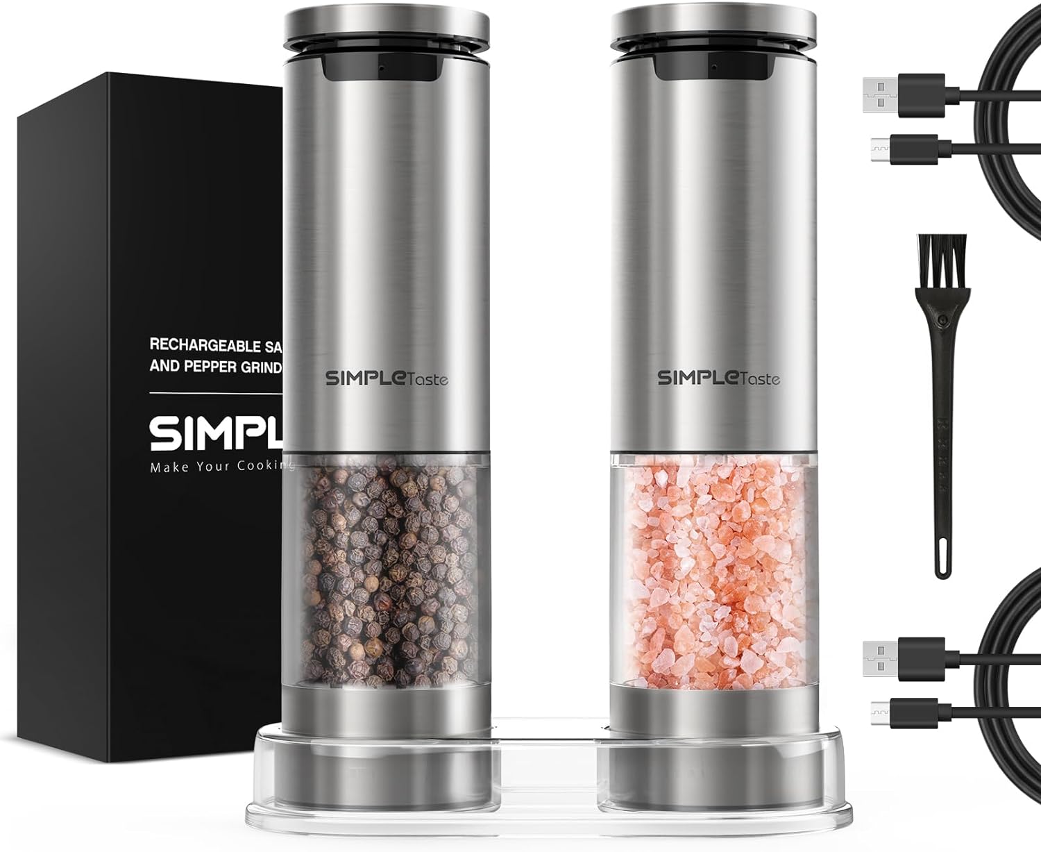 SIMPLETASTE Electric Salt and Pepper Grinder Set Rechargeable with LED Light, Stainless Steel, 70g Capacity for Kitchen, Dining Room, Bar