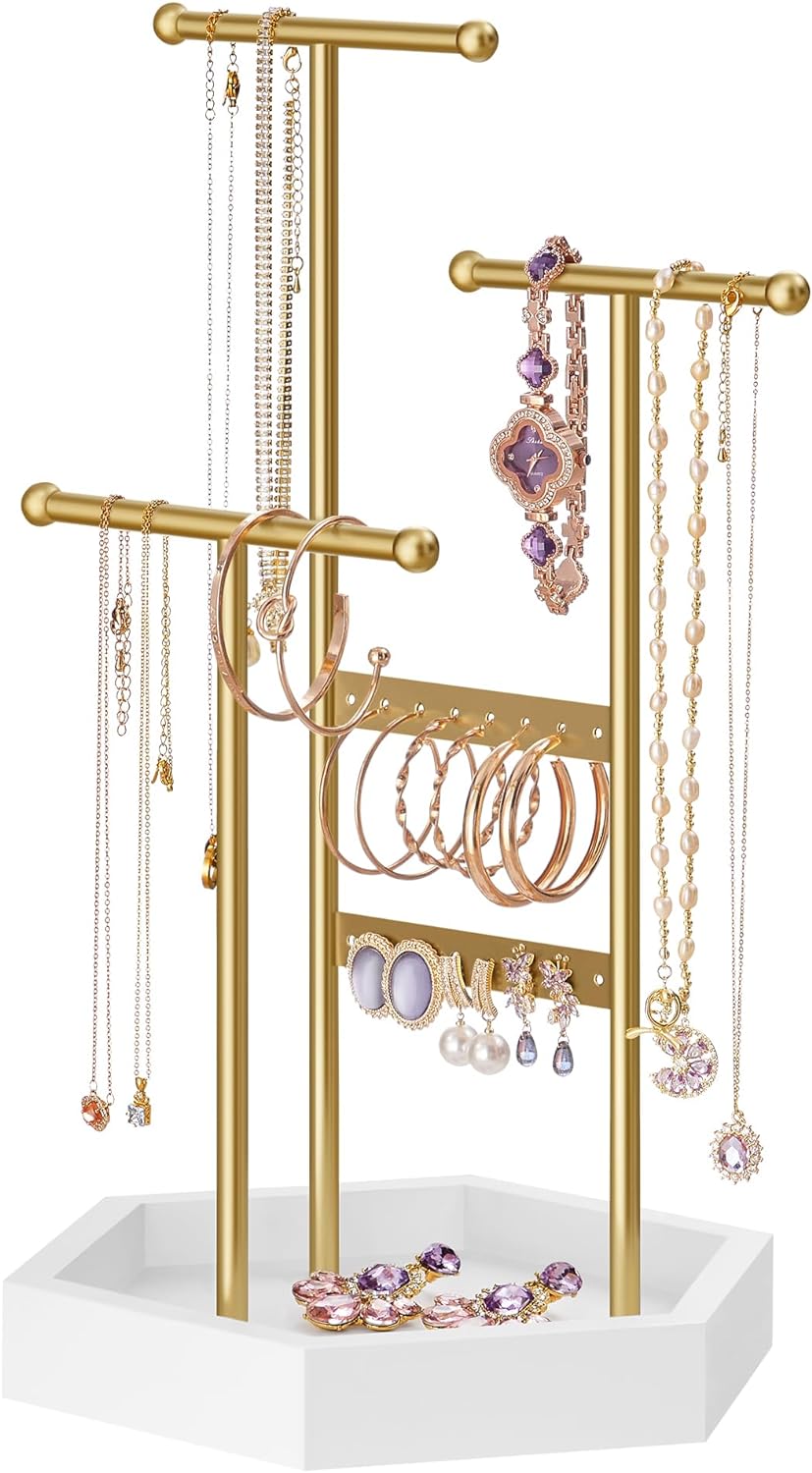 SONGMICS Jewelry Holder, Jewelry Organizer, 4 Independent Zones, Jewelry Display Stand with Metal Frame, Necklace Earring Bracelet Holder, for Rings, Gold and White UJJS003A01