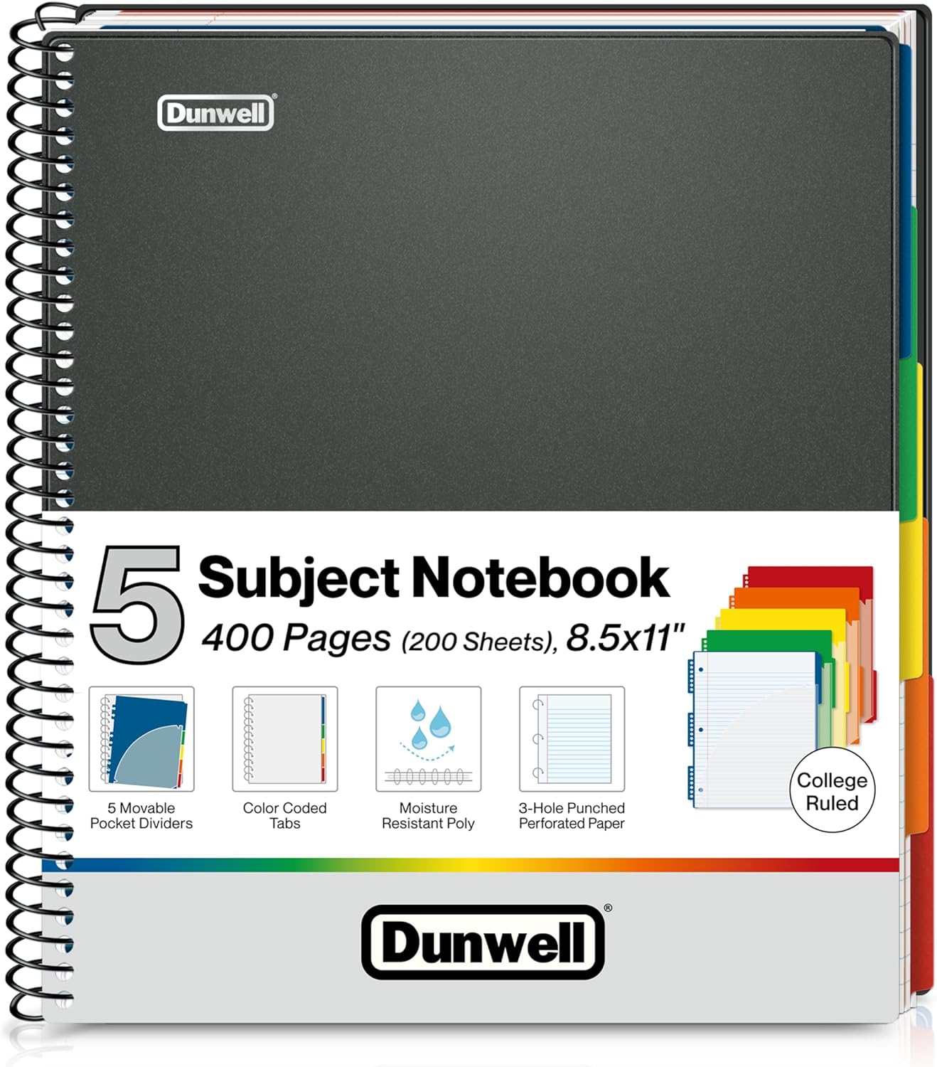 Dunwell 5-Subject Notebook College Ruled 8.5 x 11, 200 Sheets (400 Pages), Spiral Notebook 8.5x11 with Tabs, Movable Pocket Dividers, Front/Back Plastic Covers, Multi Subject Notebook