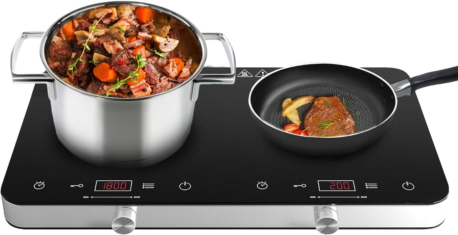 Induction+Cooktop+Double+Burner%2c+1800W+Induction+Cooker+Cooktop%2c10+Temperature+9+Power+Settings+Portable+Electric+Countertop+Burner+Touch+Stove+with+Child+Safety+Lock+%26+Timer