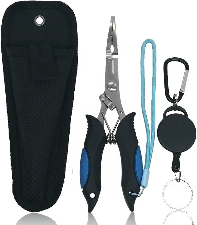 Stainless Steel Fishing Pliers, Fishing Needle Nose Pliers, Cut Fishing Line Fishing Multitool Pliers with Sheath and Telescopic Lanyard