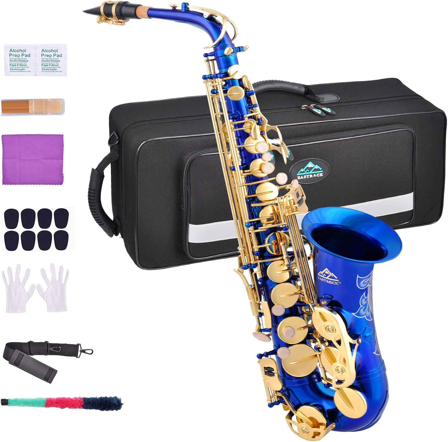 EASTROCK Dark Blue/Golden Alto Saxophone E Flat Sax Full Kit for Students Beginner with Carrying Case,Mouthpiece,Mouthpiece Cushion Pads,Cleaning Cloth&Cleaning Rod,White Gloves,Neck Strap