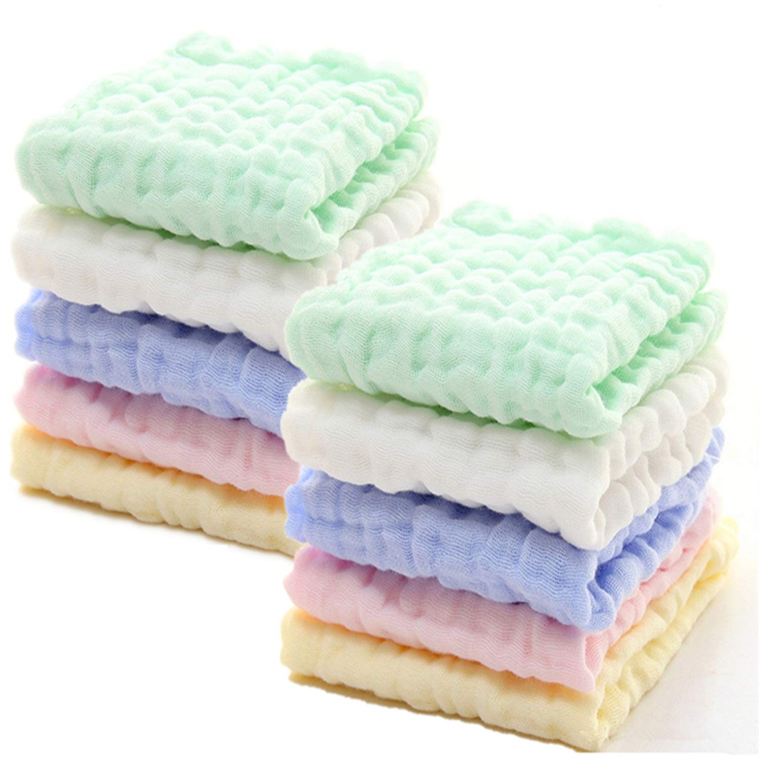 MUKIN Baby Washcloths - Natural Cotton Baby Wipes - Soft Newborn Baby Face Towel for Sensitive Skin- Baby Registry as Shower, 10 Pack 12x12 inches (Multicolored)