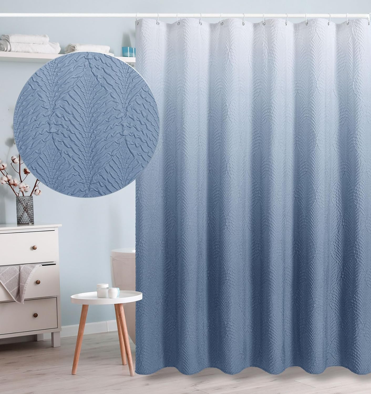 Gibelle OmbreBlue Shower Curtain for Bathroom, 3D Embossed Textured Fabric Shower Curtain, Modern Farmhouse Chic Soft Cloth Shower Curtain Set with Hooks, 72x72