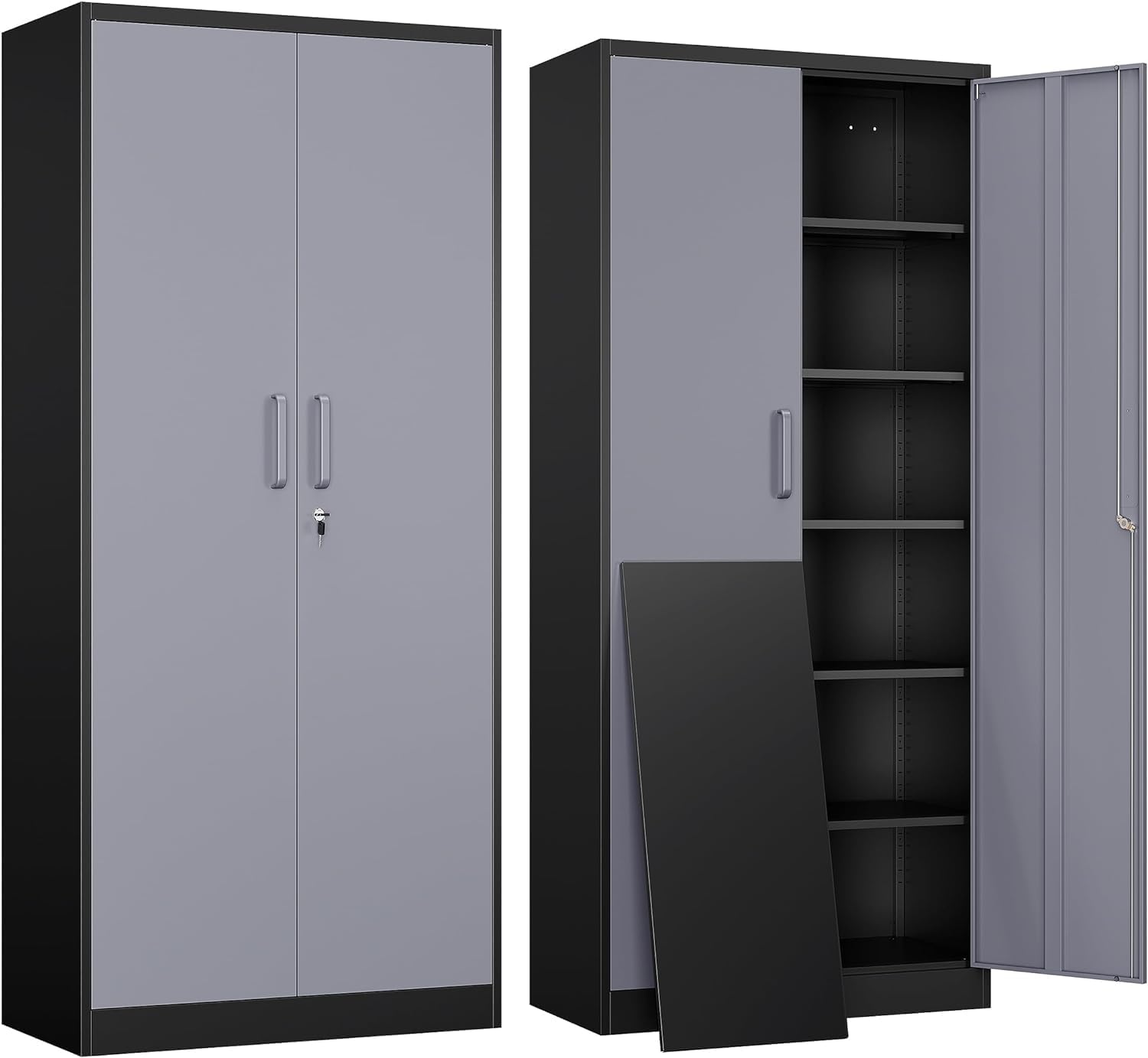 Yizosh Metal Garage Storage Cabinet with 2 Doors and 5 Adjustable Shelves - 71 Steel Lockable File Cabinet,Locking Tool Cabinets for Office,Home,Garage,Gym,School (Gray Black)