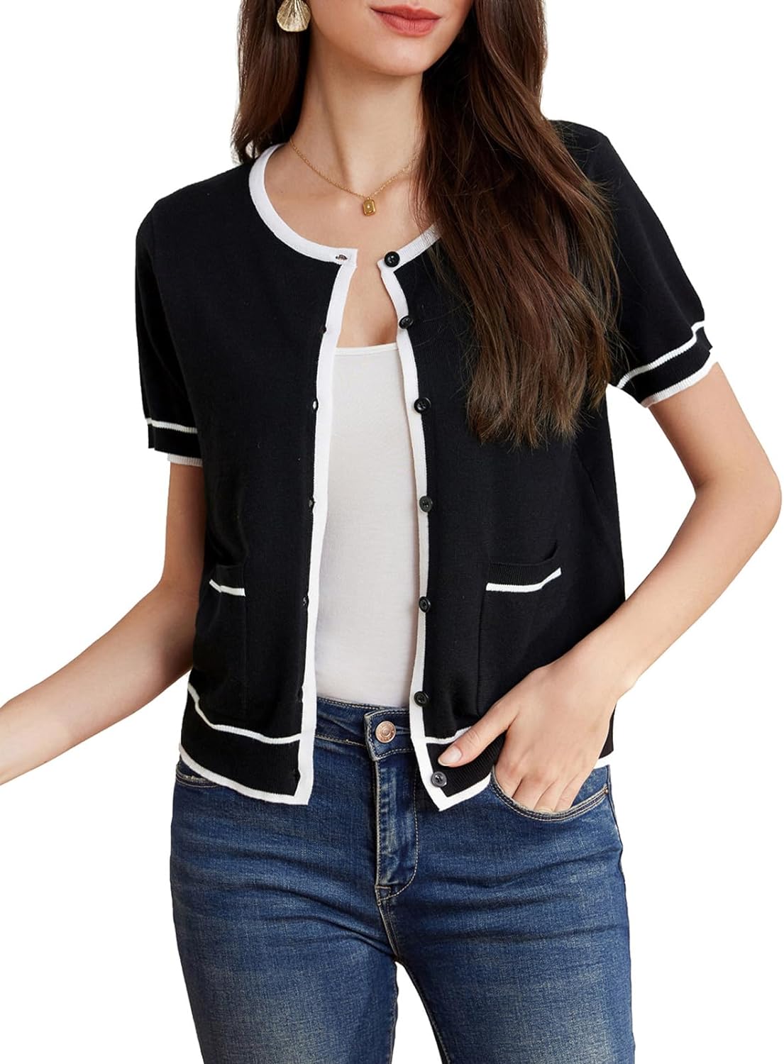 GRACE KARIN Short Sleeve Contrast Cardigan Sweaters for Women Summer Casual Striped Button Down Bolero Shrug