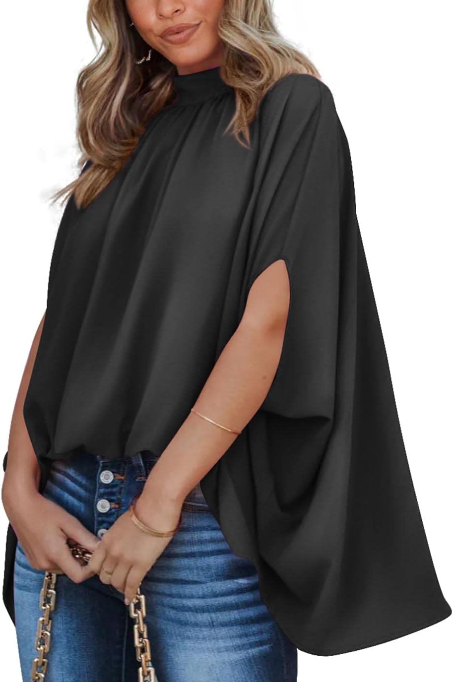 BTFBM Women Mock Neck Batwing Short Sleeve Summer Tops 2024 Spring Loose High Low Hem Casual Oversize Blouses Shirts Top