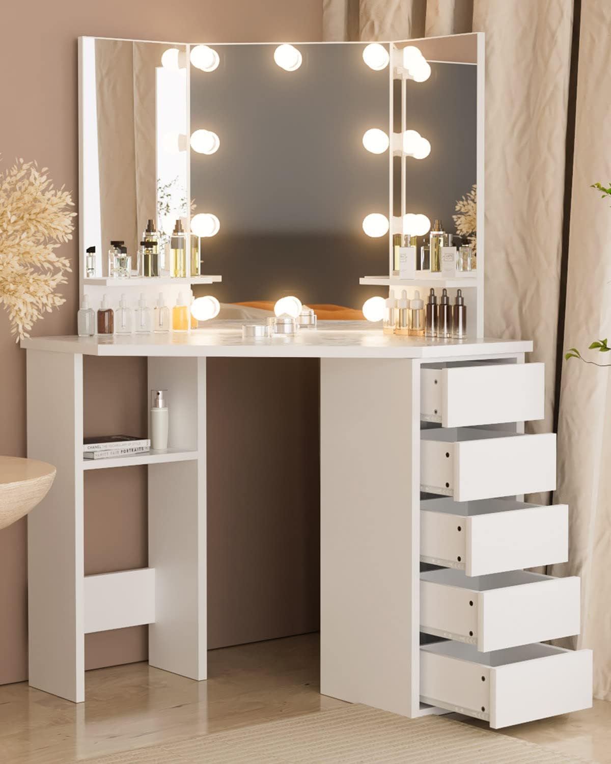 Likein Corner Makeup Vanity Desk with Mirror and Lights, Bedroom Vanity Table with Lighted Mirror 5 Drawers and Storage Shelf for Women Girls White