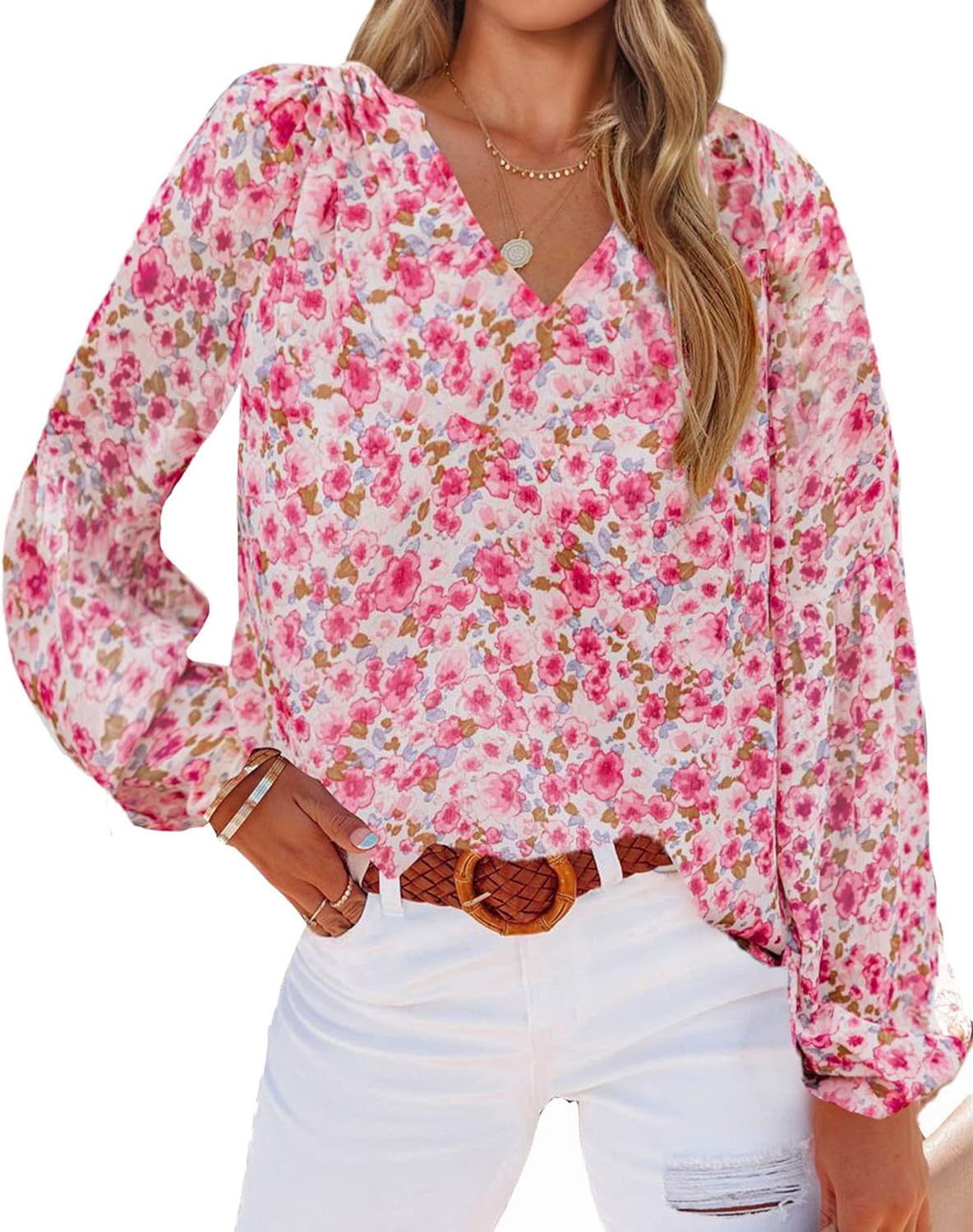 BTFBM Women Casual Boho Blouse Fashion Floral Shirts V Neck Long Puff Sleeve Lightweight Chiffon Spring Summer Tops 2024