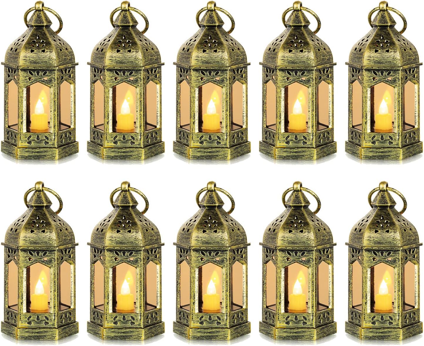 Mini Lanterns Decorative for Centerpiece - Romadedi 10pcs Hanging Small Gold Lantern Bulk with Flickering LED Candles for Wedding Decor Halloween Decorations Christmas Table, Batteries Included