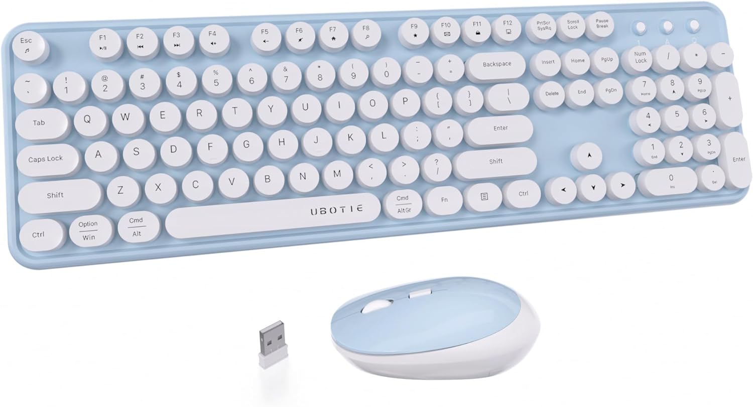 UBOTIE Colorful Computer Wireless Keyboard Mouse Combos, Typewriter Flexible Keys Office Full-Sized Keyboard, 2.4GHz Dropout-Free Connection and Optical Mouse (Blue-White)