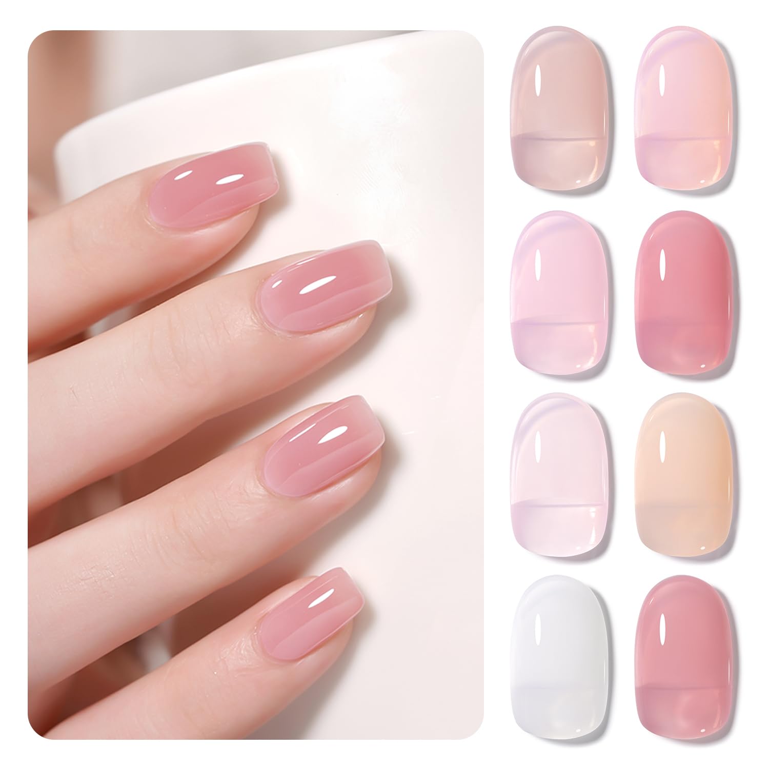 GAOY Jelly Gel Nail Polish Set, 8 Translucent Nude White Pink Neutral Sheer Colors Kit for Salon and Nail Art DIY at Home, Sakura Jelly