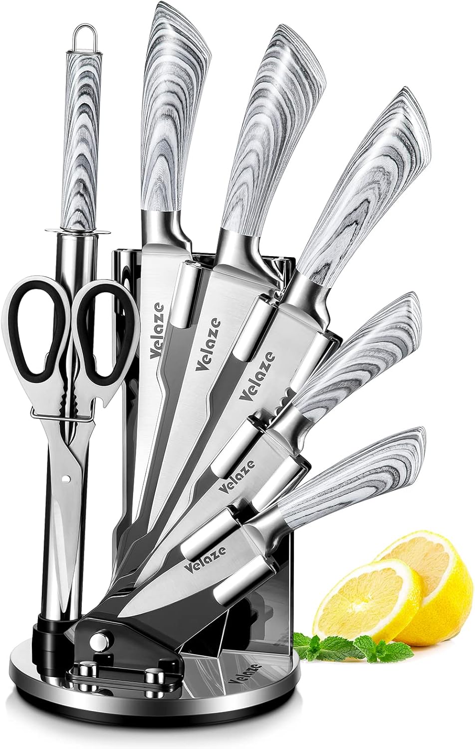 Velaze Knife Set with Block, 8 Pieces Stainless Steel Kitchen Knife Set with Spinning Block, Professional Chef Bread Knife Paring Knife Scissor Set, Built-in Sharpener, Grey