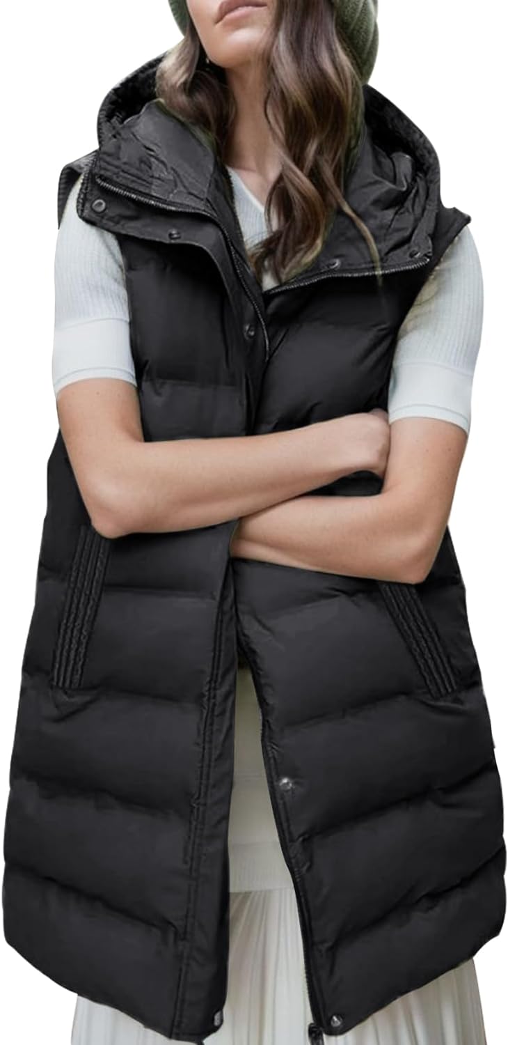 Gihuo Women's Long Puffer Vest Winter Quilted Hooded Sleeveless Zip Up Long Jacket Vest Gilet