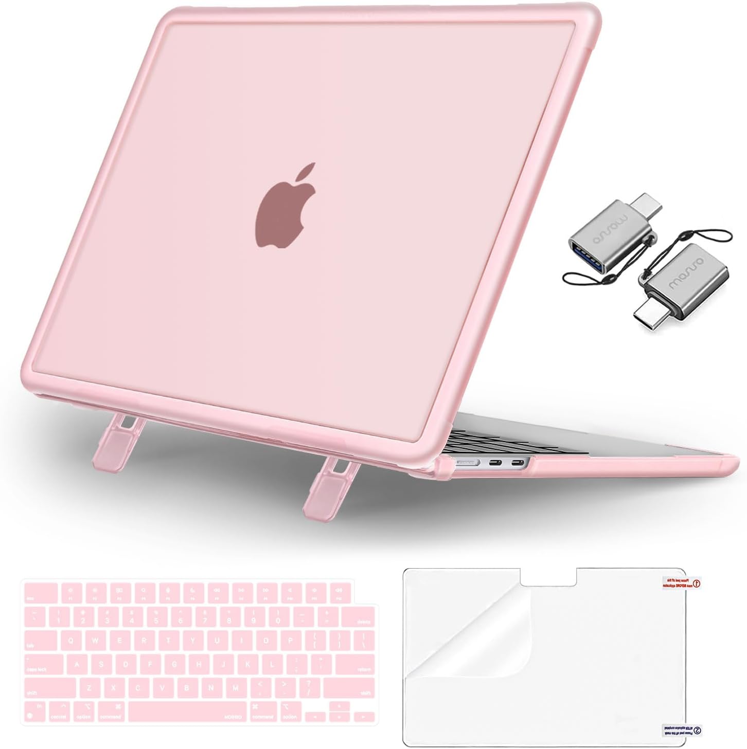 MOSISO Compatible with MacBook Air 13.6 inch Case 2022-2024 M3 A3113 M2 A2681 Touch ID, Heavy Duty Shockproof Plastic Hard Case with Fold Kickstand&Keyboard Cover&Screen Protector&Type C, Pink