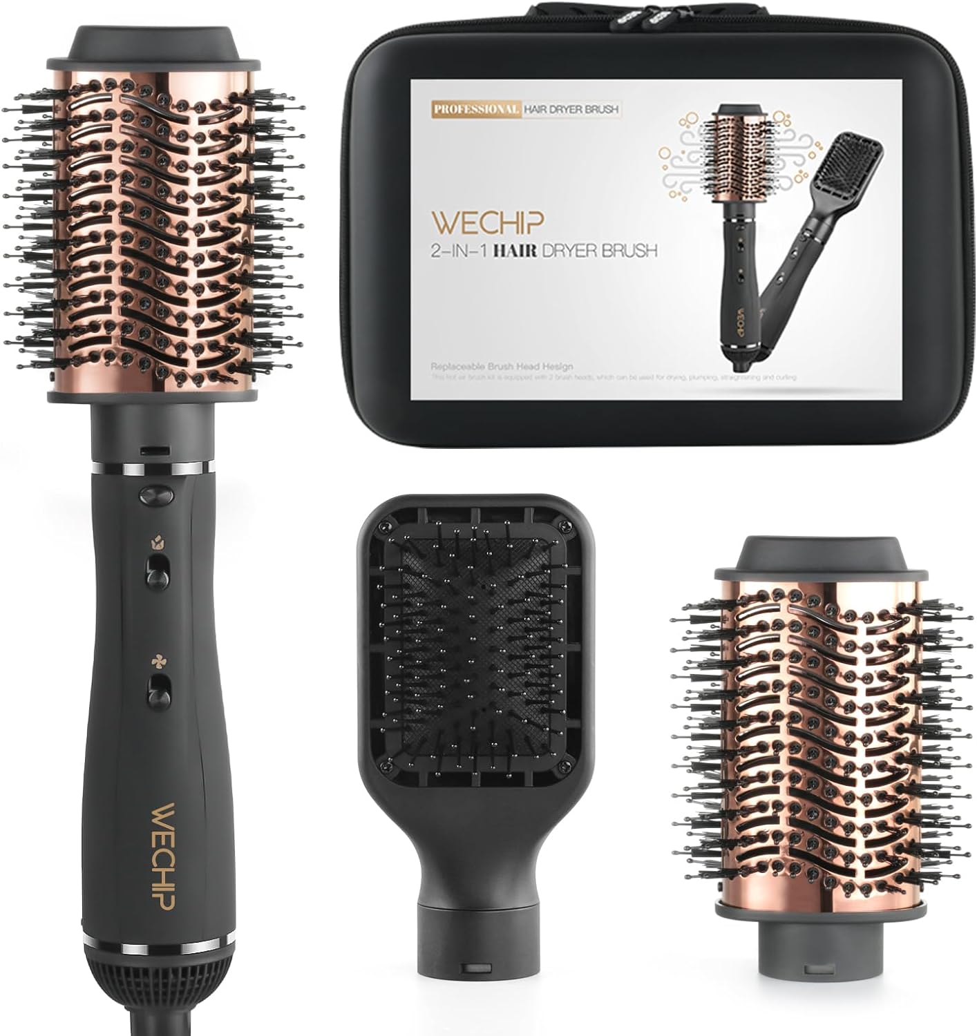 [2 in 1] Hair Dryer Brush, WeChip Hot Air Brush, Detachable Hair Dryer & Volumizing Styling, Ceramic Negative Ion Blow Dryer Brush for Drying Volumizing Straightening Curling, 3 Temp Settings