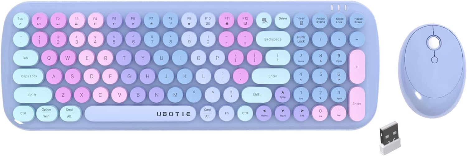 Wireless Keyboards and Mouse Combos, UBOTIE Colorful Gradient Rainbow Colored Retro Typewriter Flexible Keyboard, 2.4GHz Connection and Optical Mouse