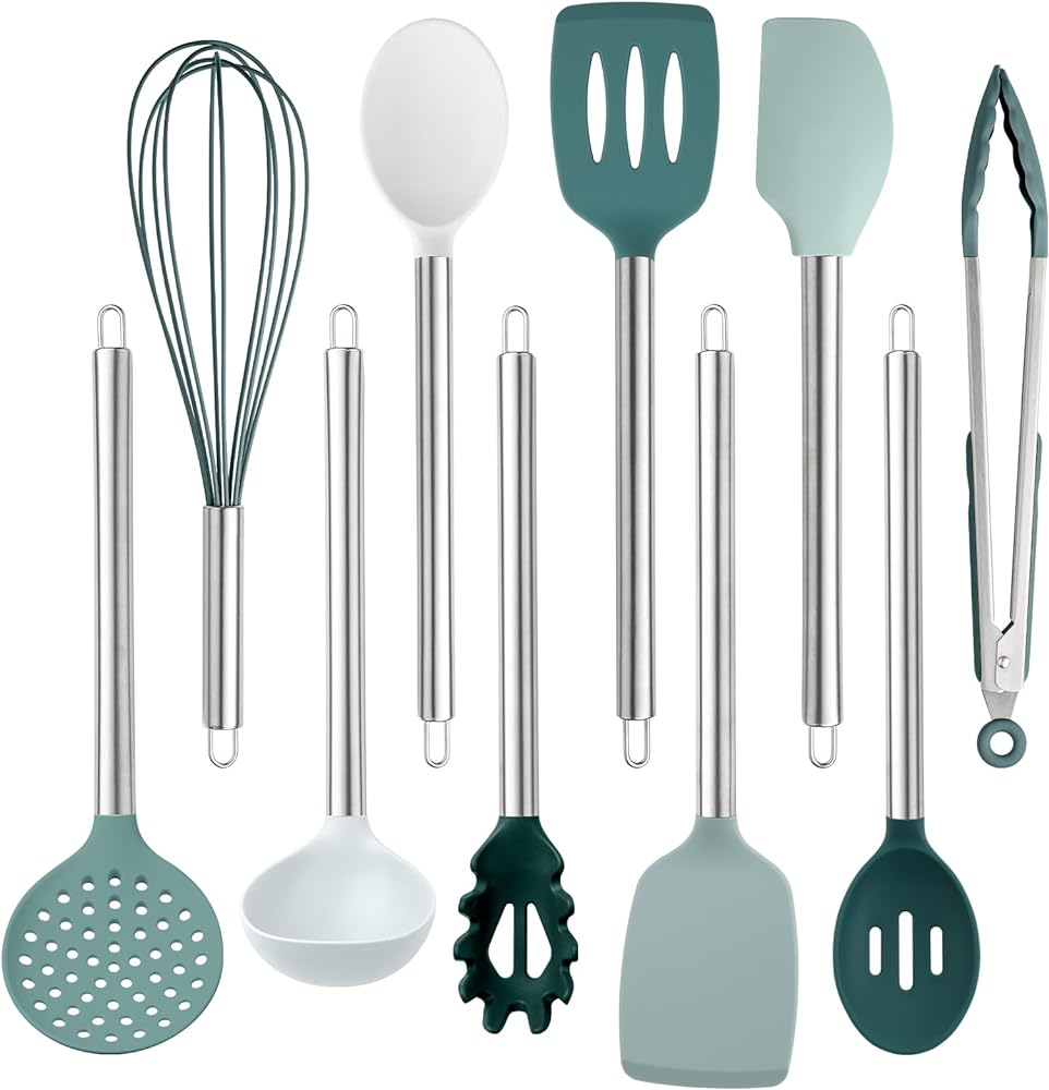 COOK WITH COLOR Silicone Cooking Utensils, 10 Pc Kitchen Utensil Set, Easy to Clean Silicone Kitchen Utensils, Cooking Utensils for Nonstick Cookware, Kitchen Gadgets Set (Teal)