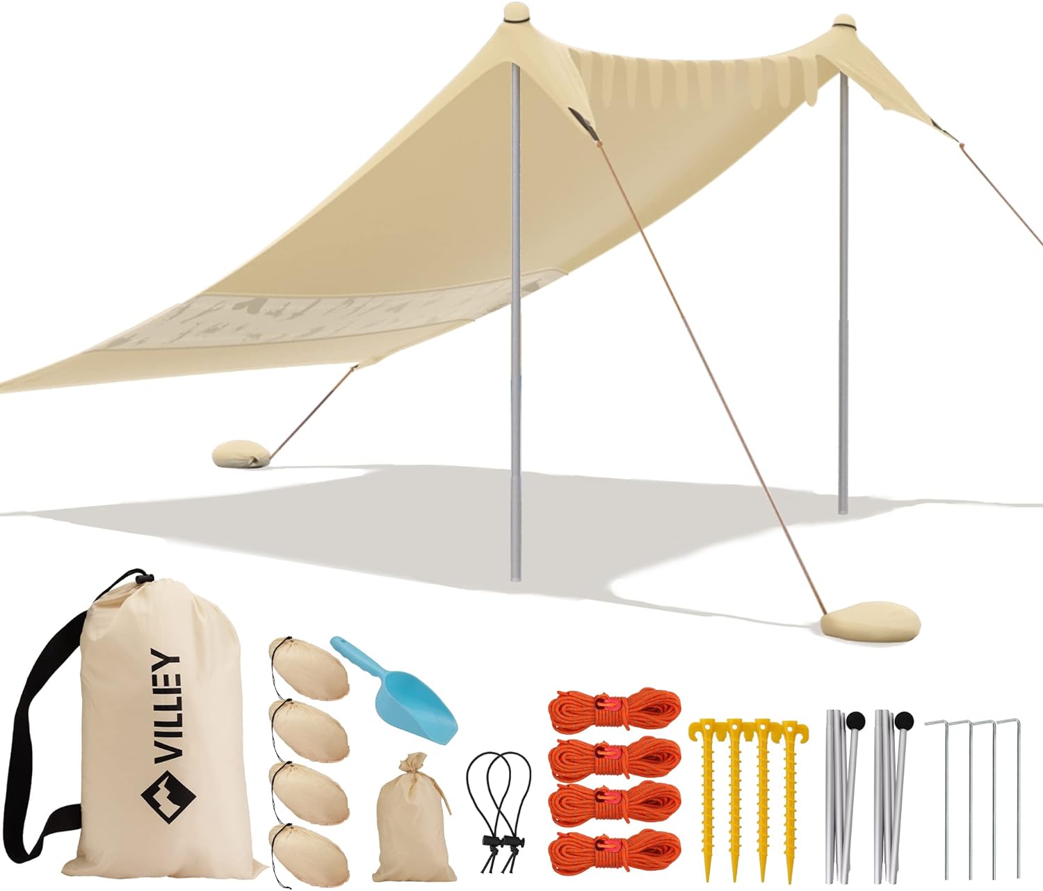 VILLEY Beach Tent Sun Shelter with UPF50+ Protection, 8×7FT Portable Sun Shade with 2 Stability Poles, 8 Ground Pegs, 4 Sandbags and Sand Shovel, Outdoor Beach Canopy for Camping Trips, Picnics