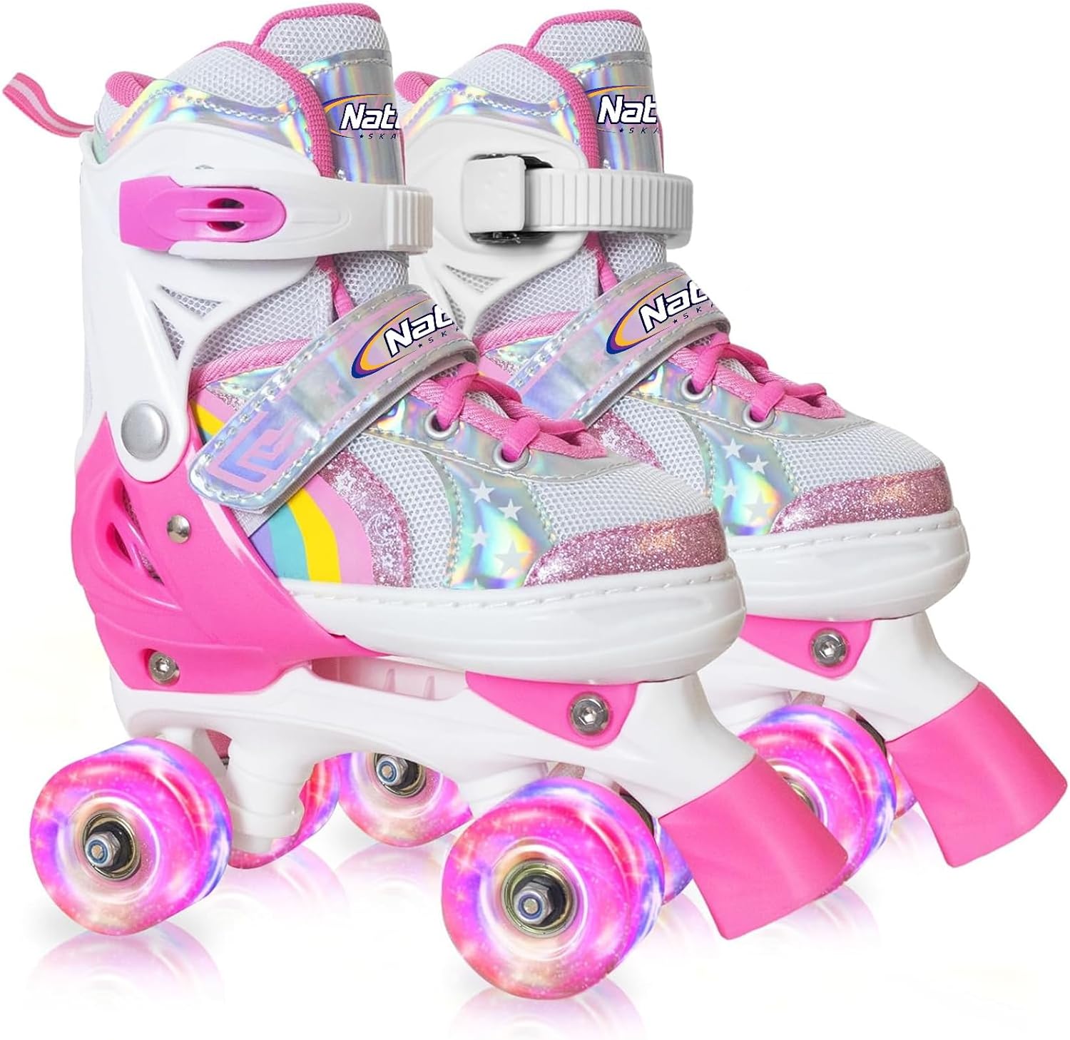 Nattork Girls Roller Skates for Kids, 4 Size Adjustable Rainbow Quad Skates with All Light Up Wheels - Best Birthday Gift for Outdoor Sports