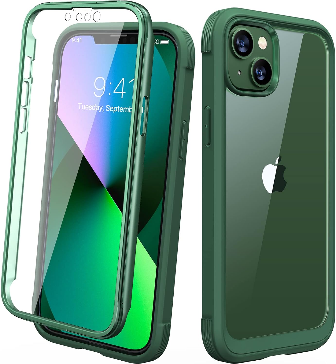 Diaclara Designed for iPhone 13 Case, Full Body Rugged Case with Built-in Touch Sensitive Anti-Scratch Screen Protector, Soft TPU Bumper Case for iPhone 13 6.1 (Green)