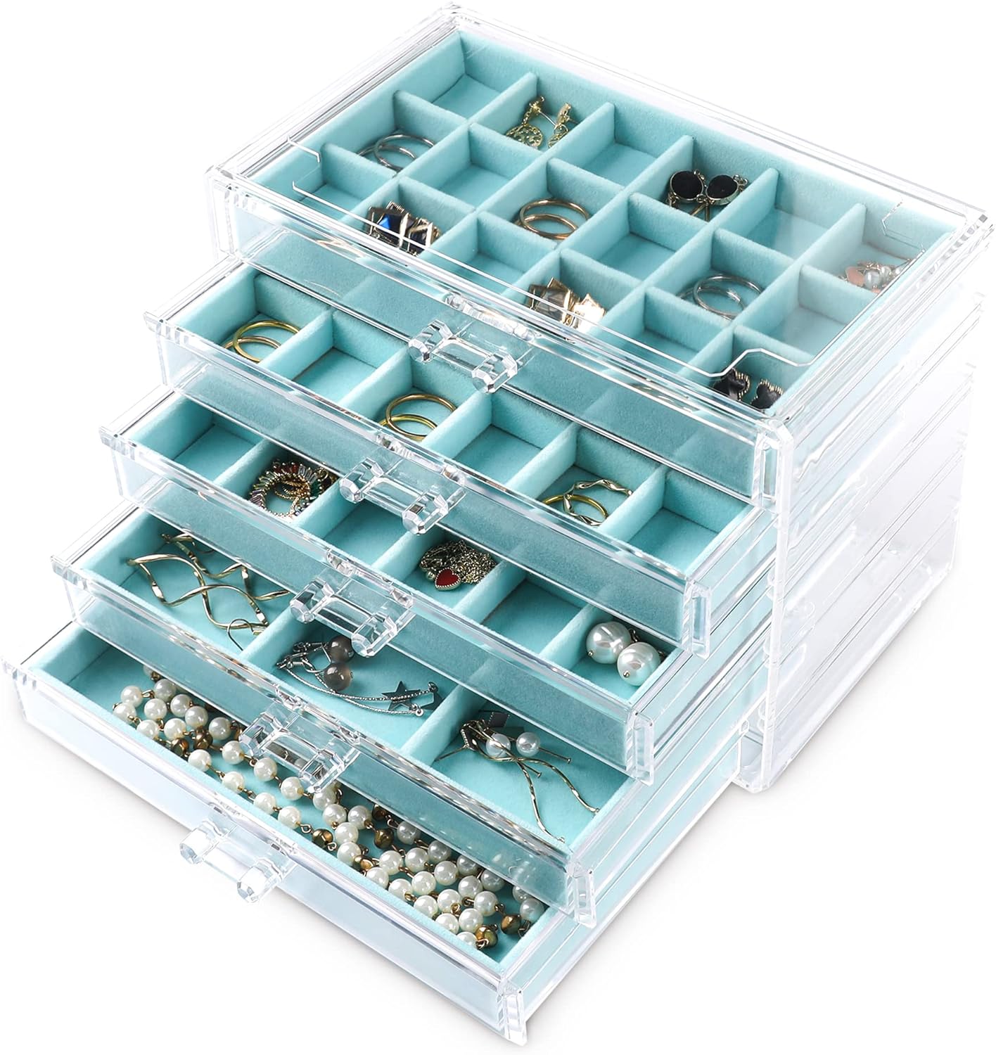 Frebeauty Acrylic Jewelry Organizer Earring Organizer Box with 5 Drawers Earring Holder Organizer with Velvet Trays Clear Jewelry Box for Women Earring Display for Rings Studs(Turquoise)