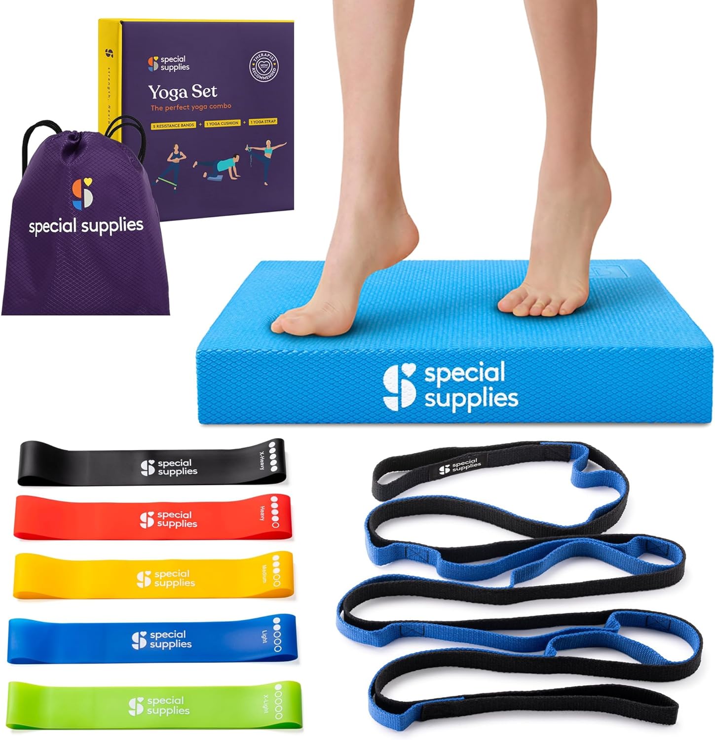 SPECIAL SUPPLIES Exercise Balance Pad, Yoga Strap & Resistance Bands for Stretching, Fitness, and Physical Therapy, Home Gym and Personal Training Equipment, 7 Pc. Exercise Kit