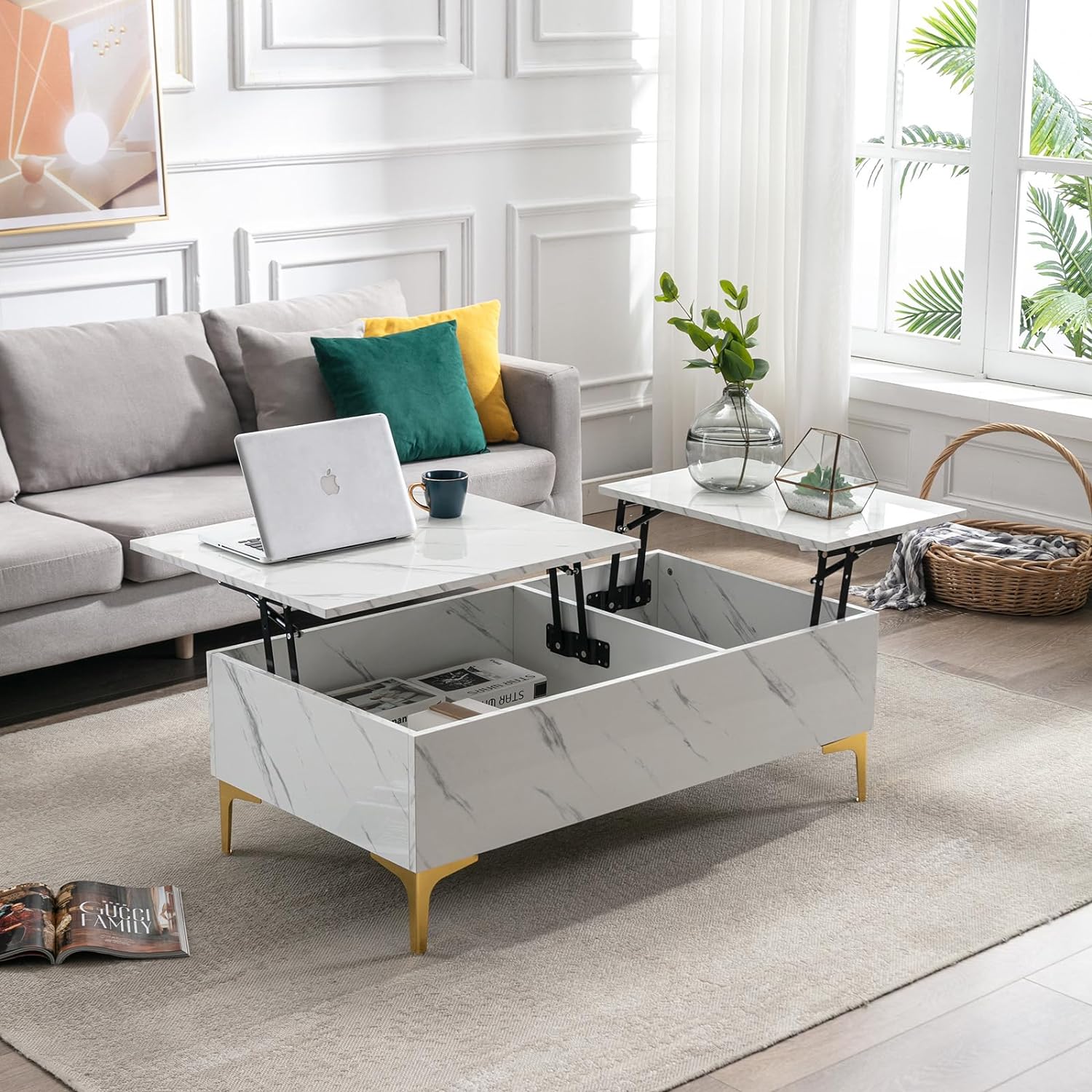 COSVALVE 43 White Marble Lift Top Coffee Table for Living Room, Modern Extendable Pull Up Center Table with Storage, Small Rectangle Cocktail Table, Reception Table
