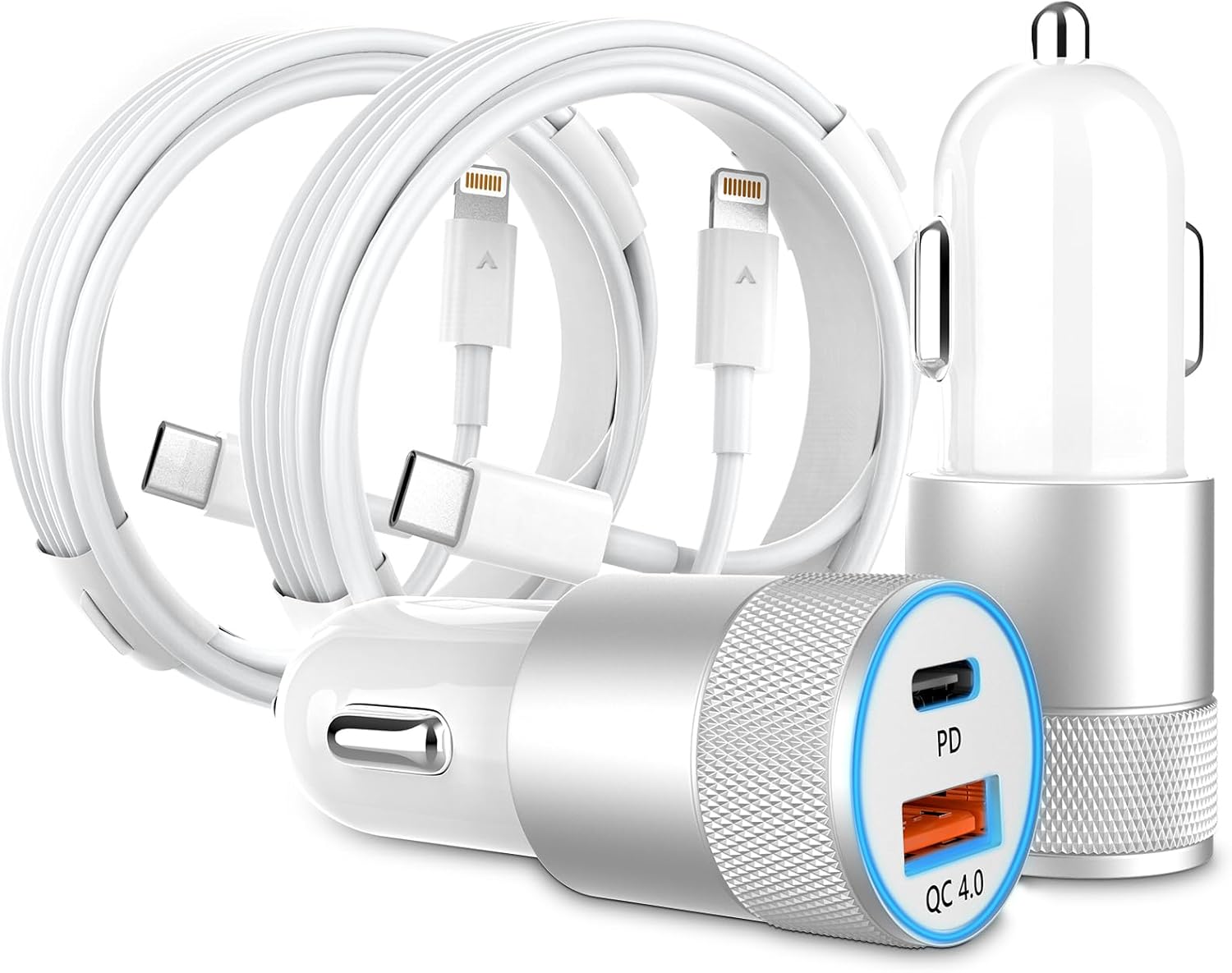 Car Charger [Apple MFi Certified], 2 Pack 48W Dual Port USB C Car Charger All Metal iPhone Fast Car Adapter with 2x3ft Lightning Cable, PD/QC 4.0 Type C Fast Charging for iPhone/iPad/Airpods and More