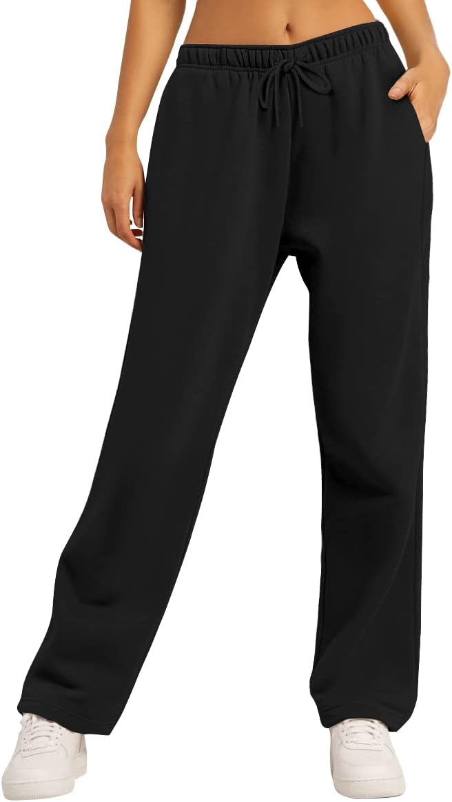 AUTOMET Womens Fleece Lined Sweatpants Baggy Wide Straight Leg Pants