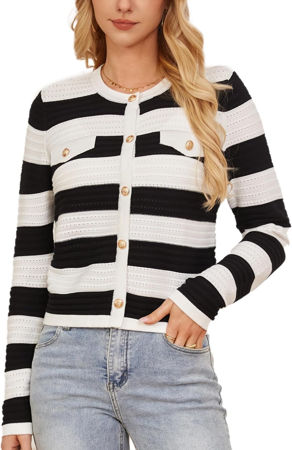 GRACE KARIN Women' Striped Cardigans 2024 Summer Open Front Button Down Lightweight Knit Sweater Lady Outerwear