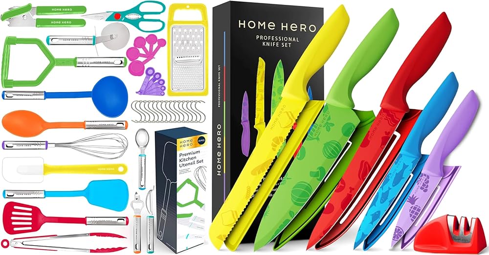 Home Hero 23 Pcs Rainbow Silicone Spatula Set   11 Pcs Kitchen Knife Set