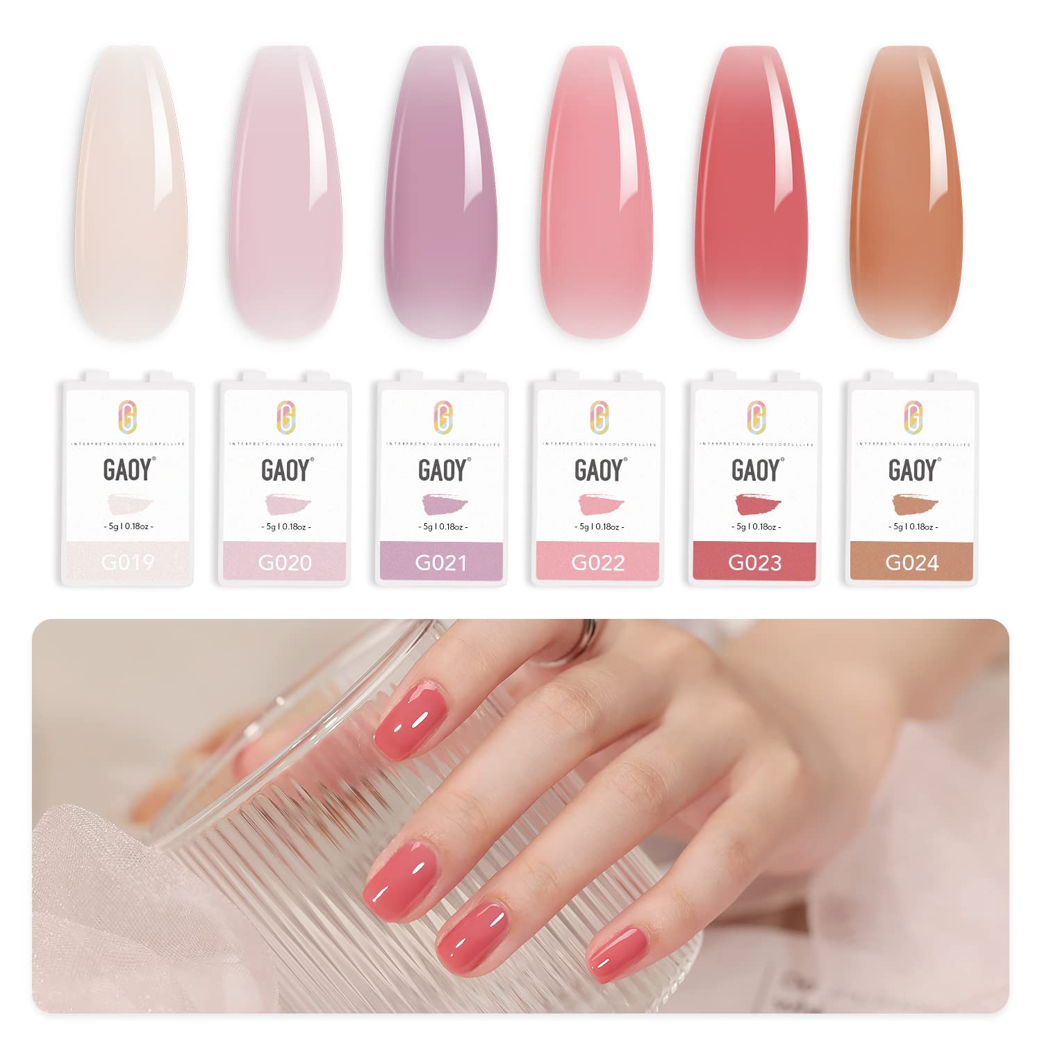 GAOY Solid Gel Polish Palette, 6 Jelly nude pink Colors UV Light Cure Cream Gel Nail Polish Kit with Nail Brush for Nail Art DIY at Home or Travel