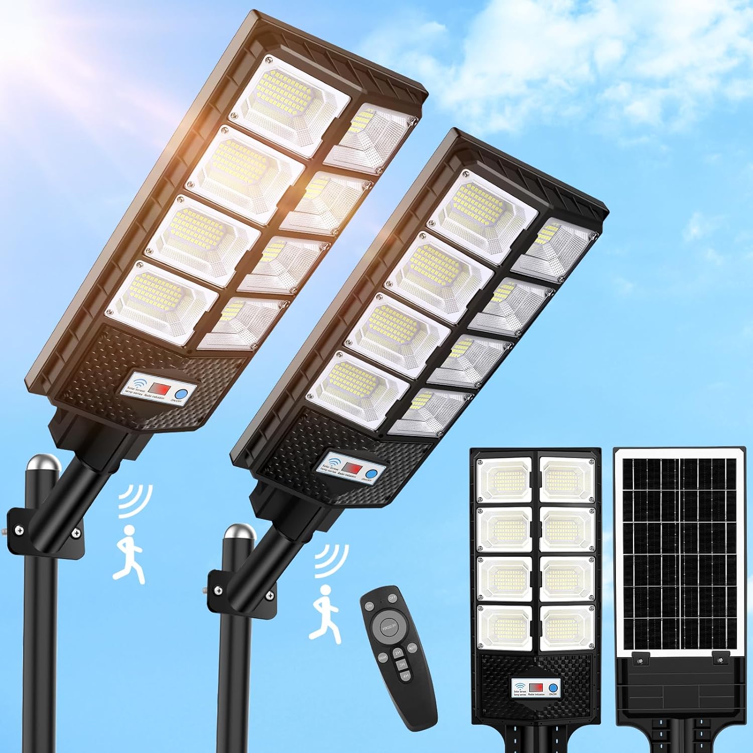 2 Pack Solar Street Lights Outdoor Waterproof,6500K 10000LM 448 LEDs Solar Parking Lot Lights Dusk to Dawn, Solar Flood Light Wide Angle Motion Sensor and Remote Control for Area Lighting Yard