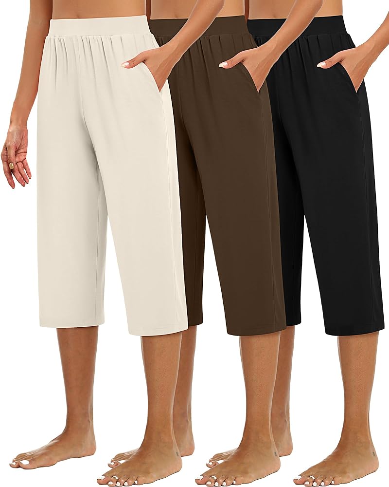 3 Pack Women&#39;s Capri Sweatpants, Cozy Wide Legs Cropped Capri with Pockets, Lounge Jogger Pants Workout Yoga Capris