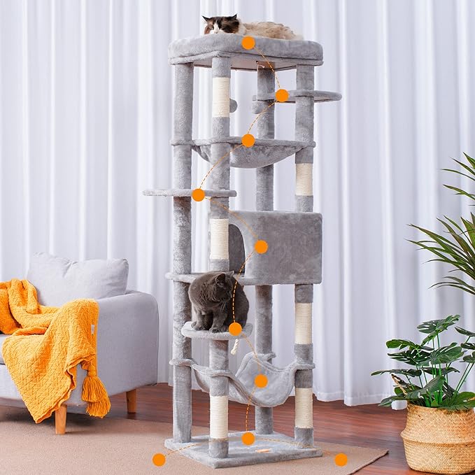 Heybly Cat Tree for Large Cats 20 lbs Heavy Duty,69 inches XXL Cat Tower for Indoor Cats,Multi-Level Cat Furniture Condo for Cats with Big Padded Plush Perch,Cozy Basket HCT031W