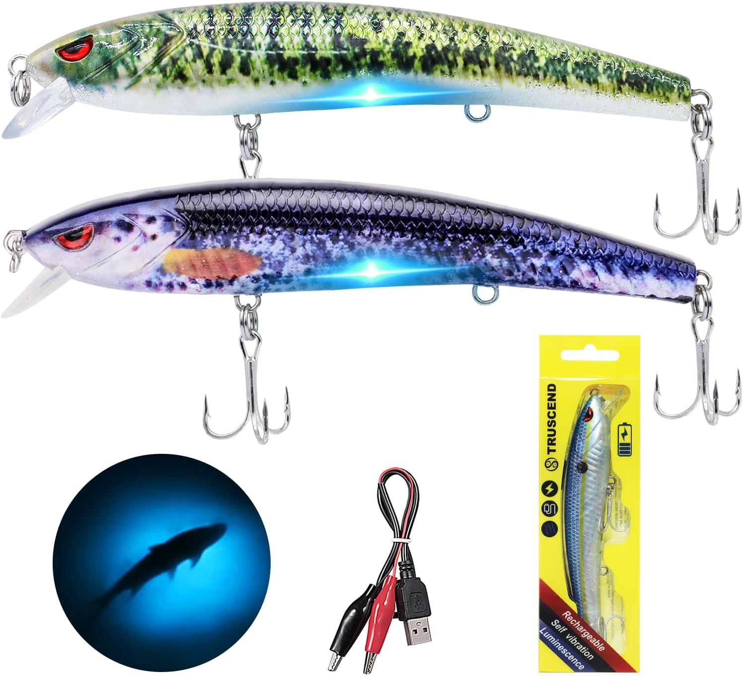 TRUSCEND Electric Twitching Jerkbait, USB Rechargeable LED Lighted Wobbler, Long Casting Slow Sinking Flashing Bass Lures for All-Purpose, Fishing Lures for Freshwater Saltwater, Night Fishing